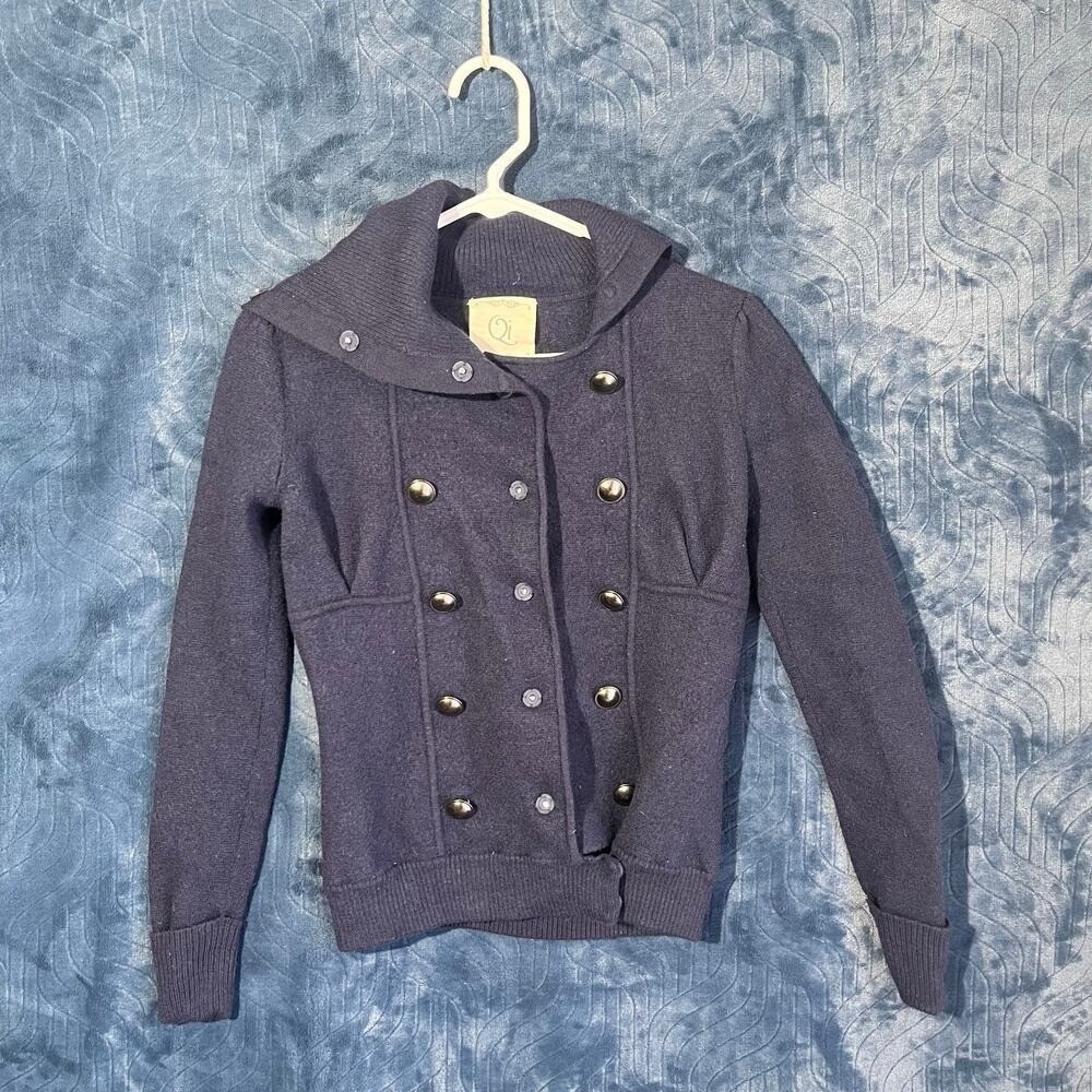 Vintage‎ 90s Qi Navy Blue 100% Wool Button Cardigan Sweater Womens Size Small